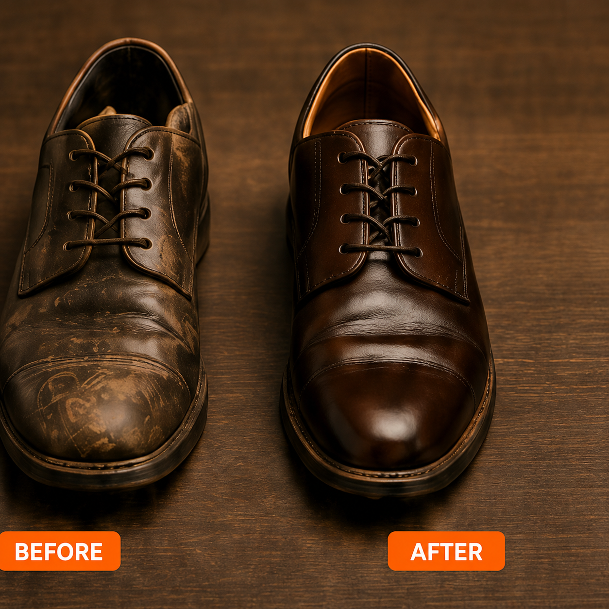 Before and after comparison of a restored brown leather shoe