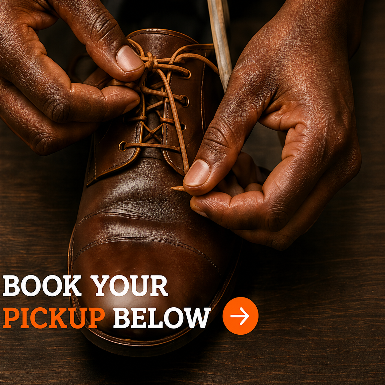Hands carefully lacing a restored brown leather shoe