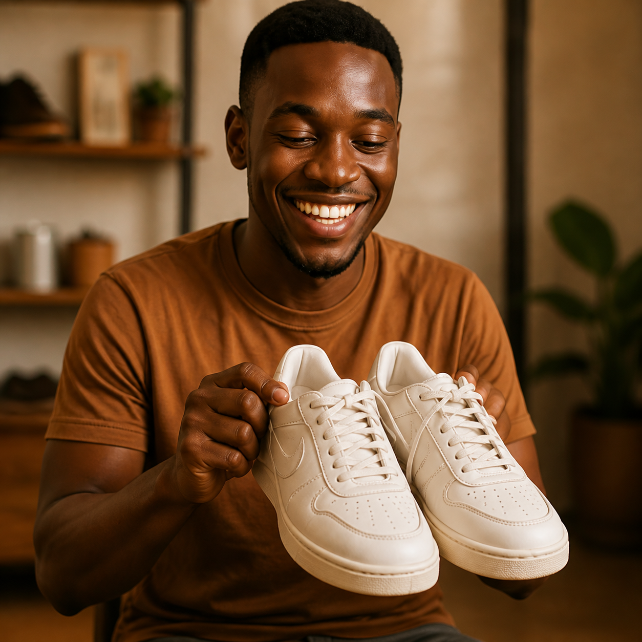 A delighted SoleAddict customer holding freshly cared-for white sneakers