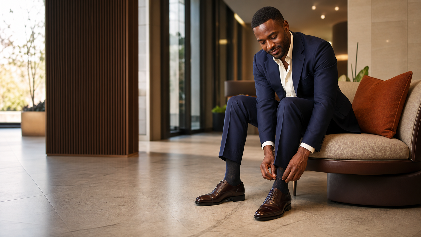 A Kampala professional fastening polished brown leather shoes before work