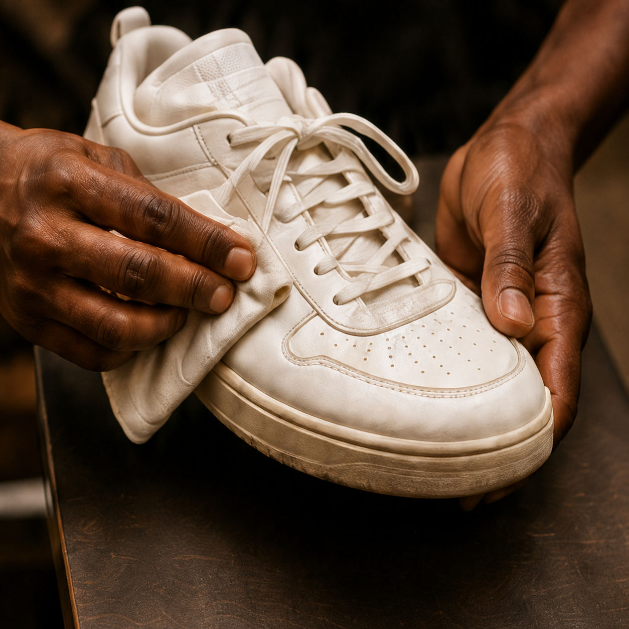 SoleAddict specialist carefully cleaning a white sneaker by hand